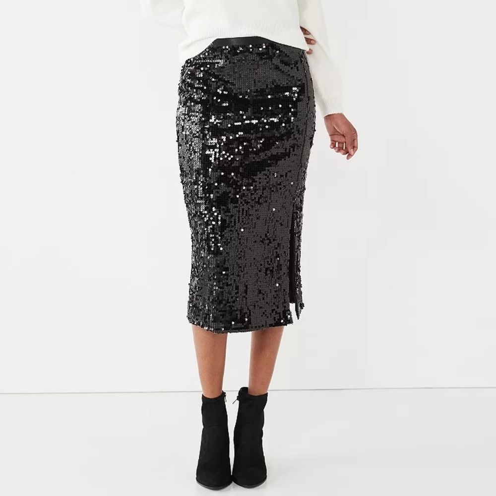 Nine West Sequin Pencil Midi Skirt - Black - Size XL